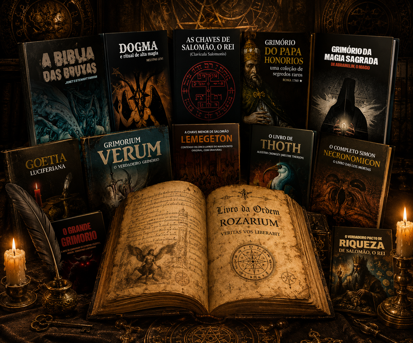 Acervo sagrado da Ordem Rozarium com grimórios, velas e o Livro da Ordem aberto