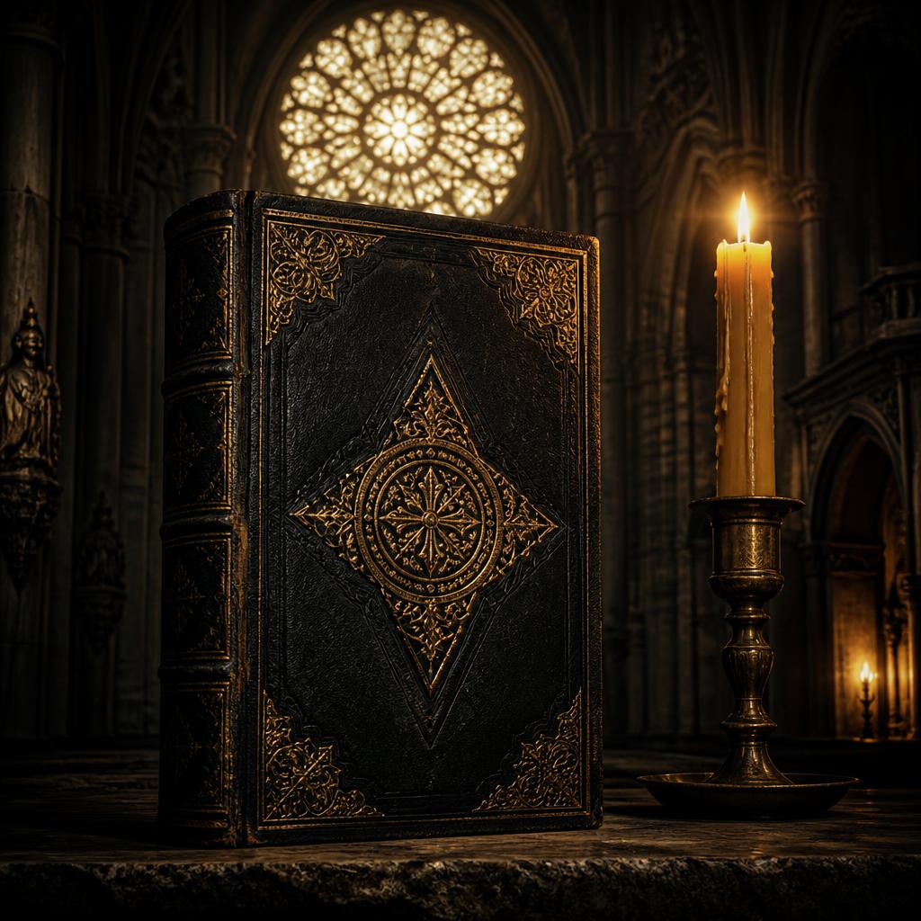 Livro ornamentado da Ordem Rozarium sobre altar de pedra, com vela acesa em templo